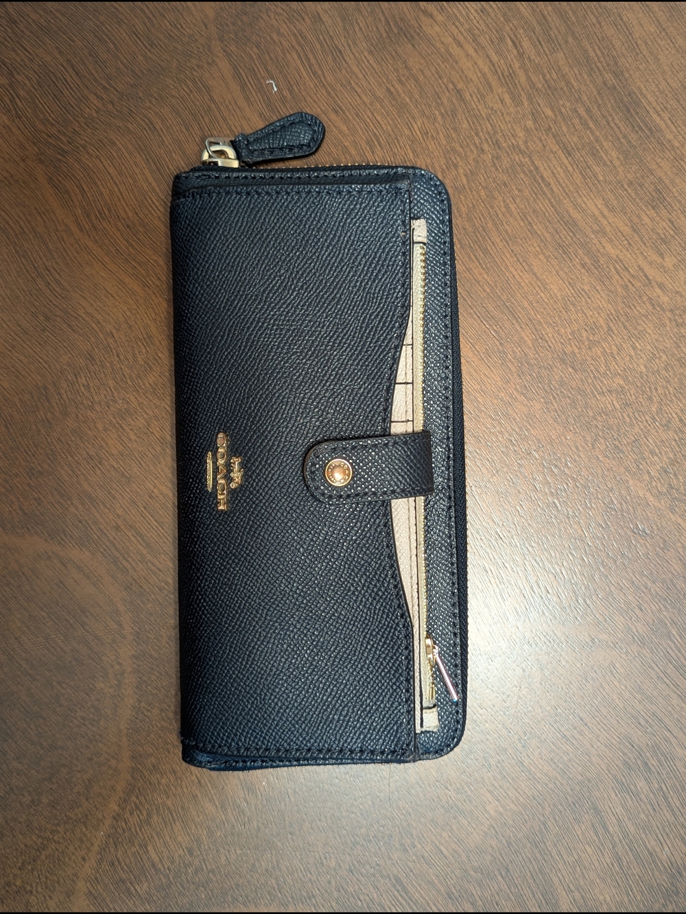 Coach Black Zip-Around Leather Wallet with Gold Hardware